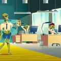 Illustration of exhausted zombie characters working in office. Image, Adobe